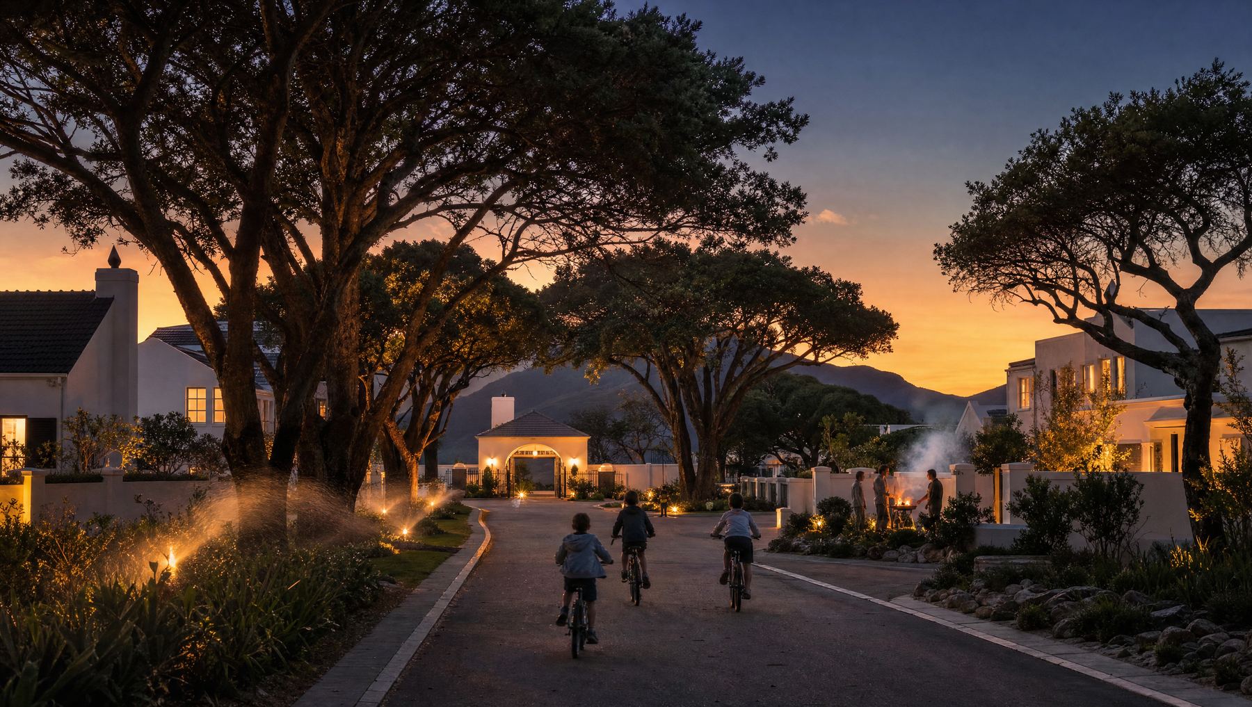 Estate homes glowing warm at dusk