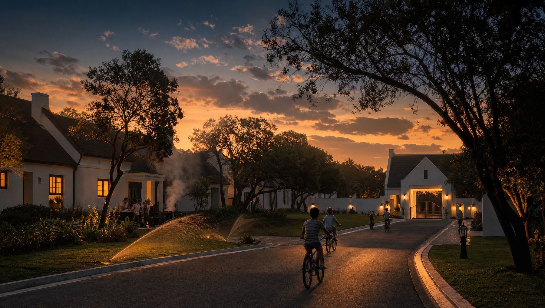 A South African gated estate at dusk — kids cycling home under the milkwoods